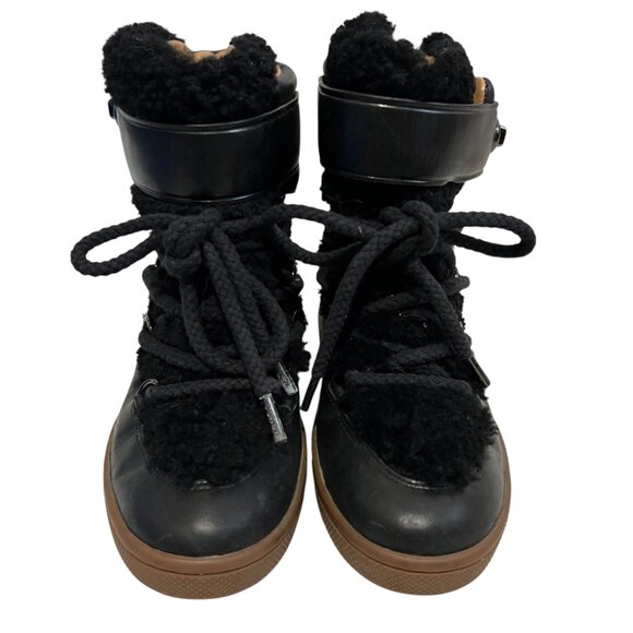 Coach wedge boots Monroe Shearling size 8 black leather high heel booties - Picture 2 of 16